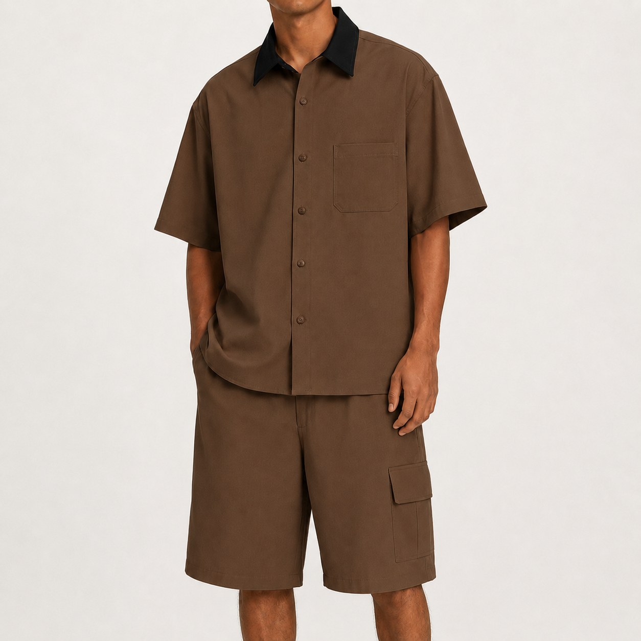 Mocha Brown men's relaxed contrast collar shirt and cargo shorts set