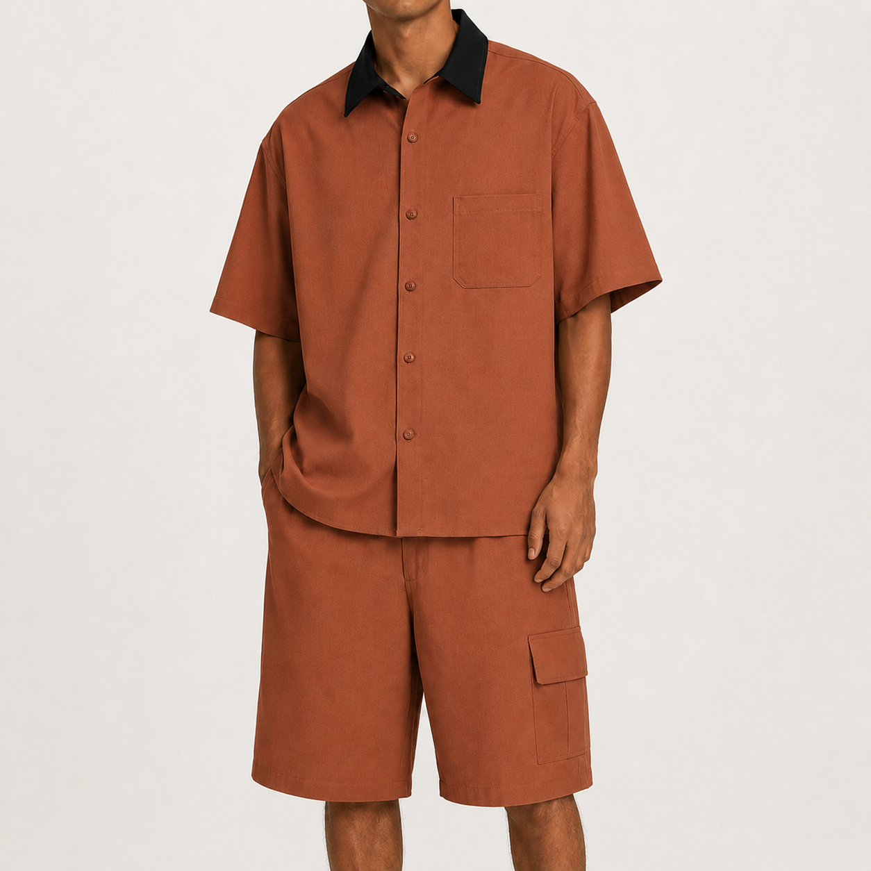 Muted Rust men's relaxed contrast collar shirt and cargo shorts set