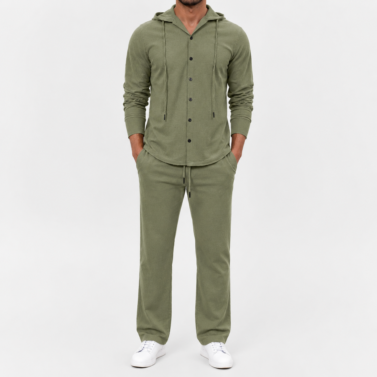 Men's olive green textured hooded button two piece set front view