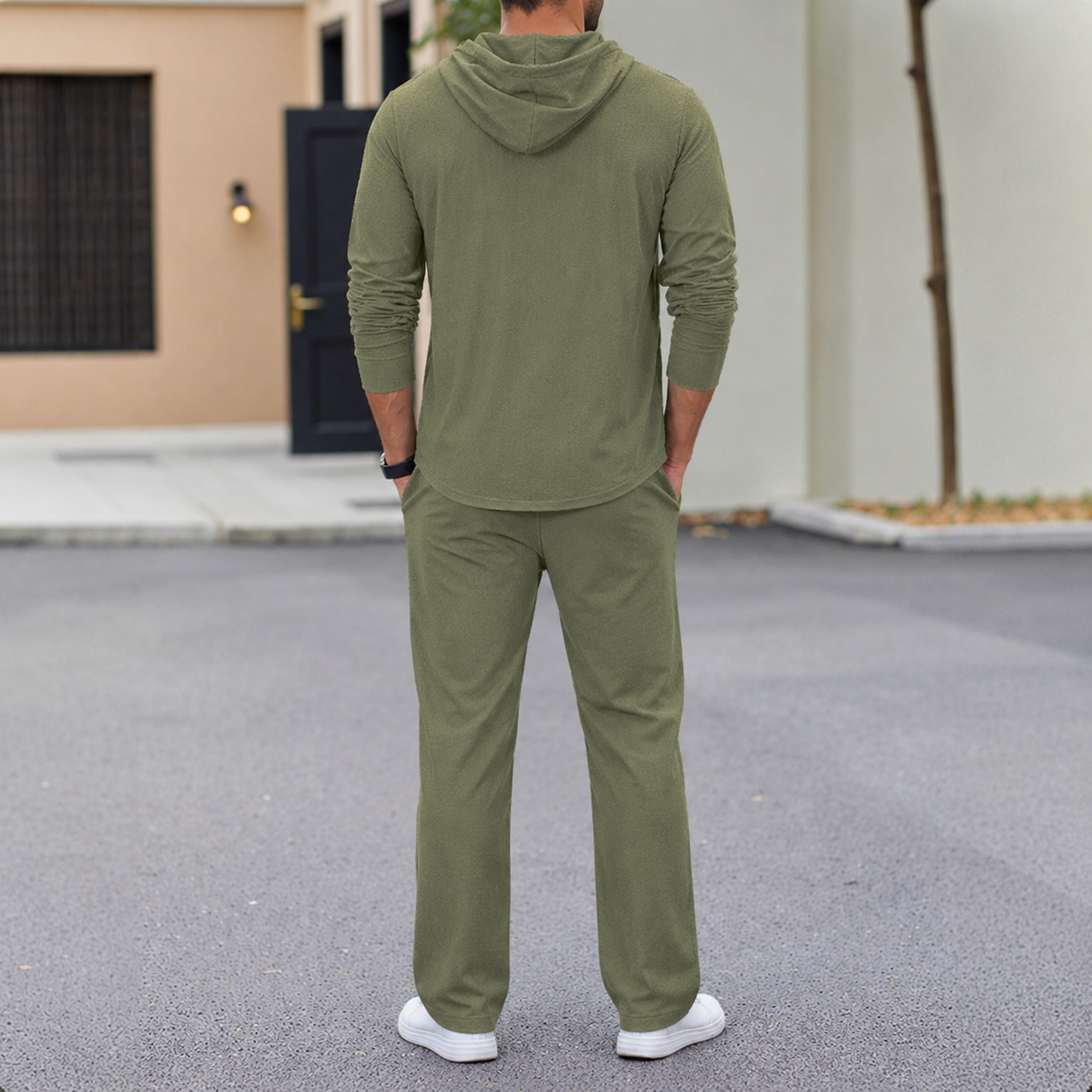 Men's olive green textured hooded button two piece set back view