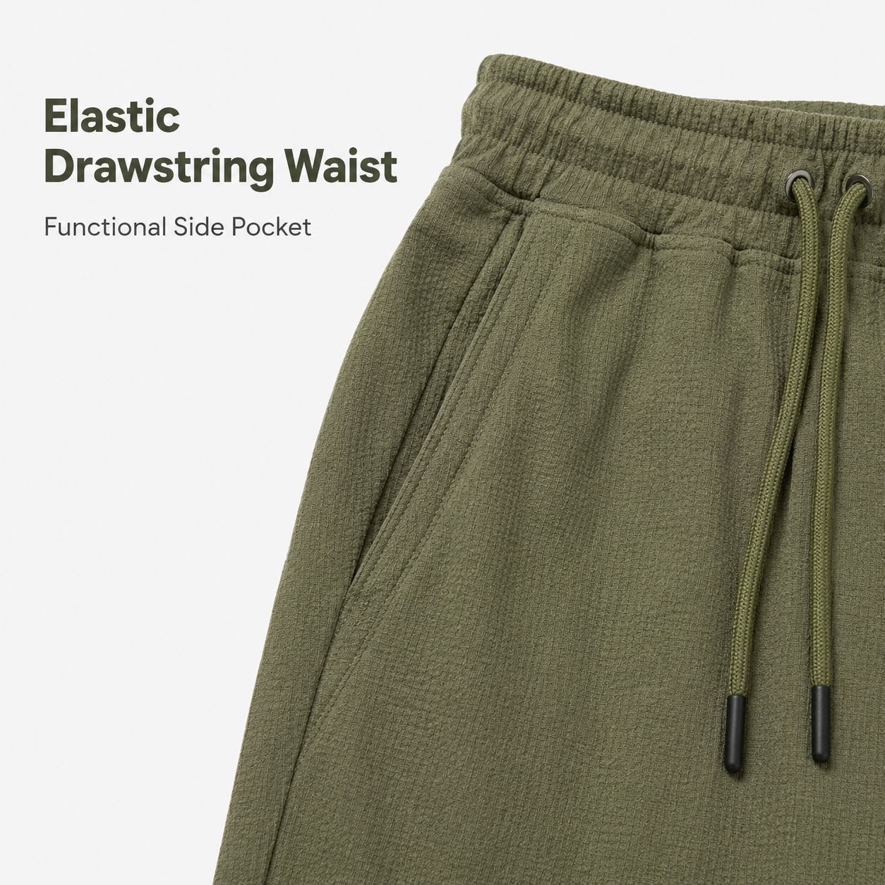 Elastic drawstring waist and side pocket detail