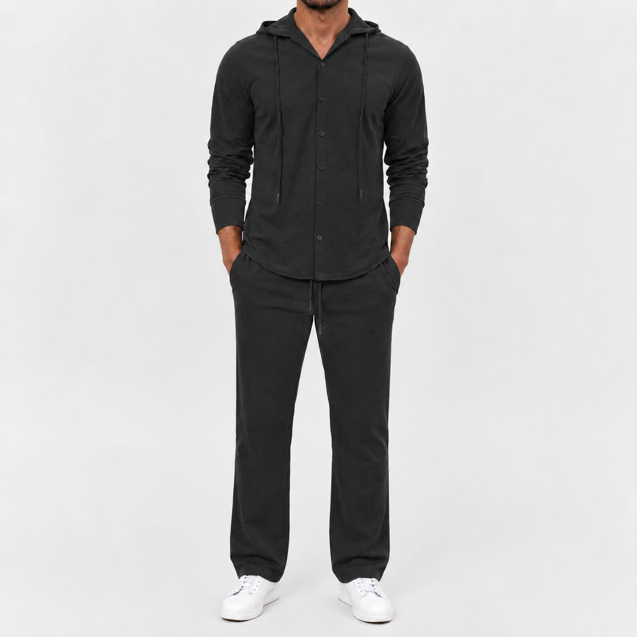 Men's charcoal black textured hooded button two piece set