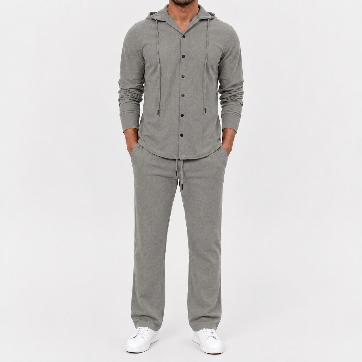 Men's heather gray textured hooded button two piece set