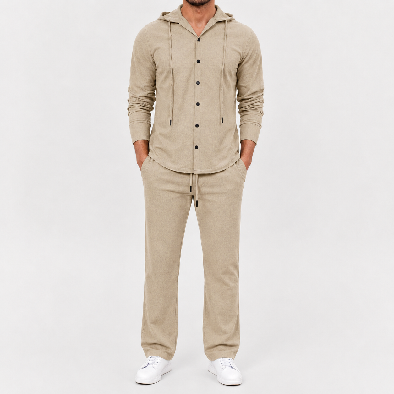 Men's oatmeal beige textured hooded button two piece set
