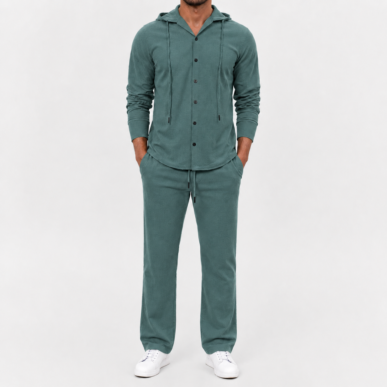 Men's dusty teal textured hooded button two piece set
