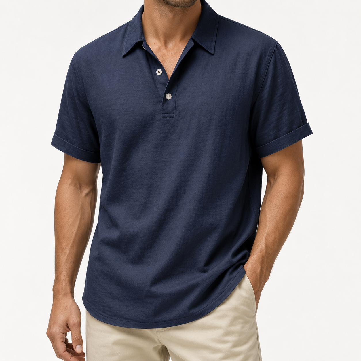 Men's navy blue textured polo shirt front view