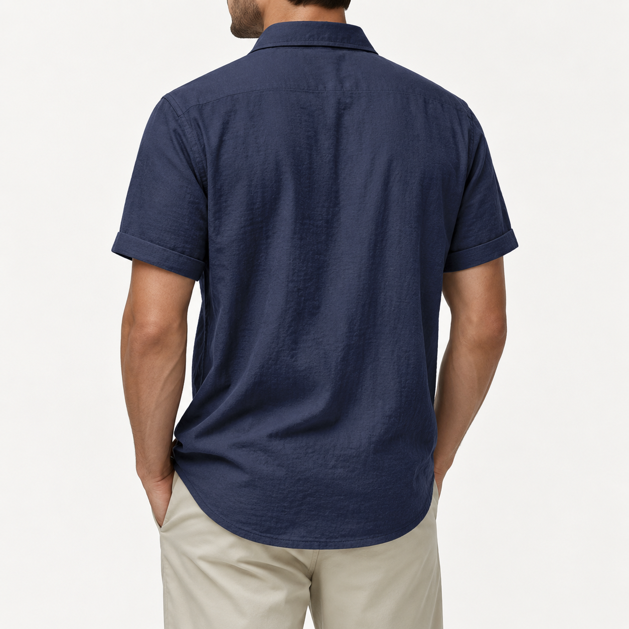 Men's navy blue textured polo shirt back view