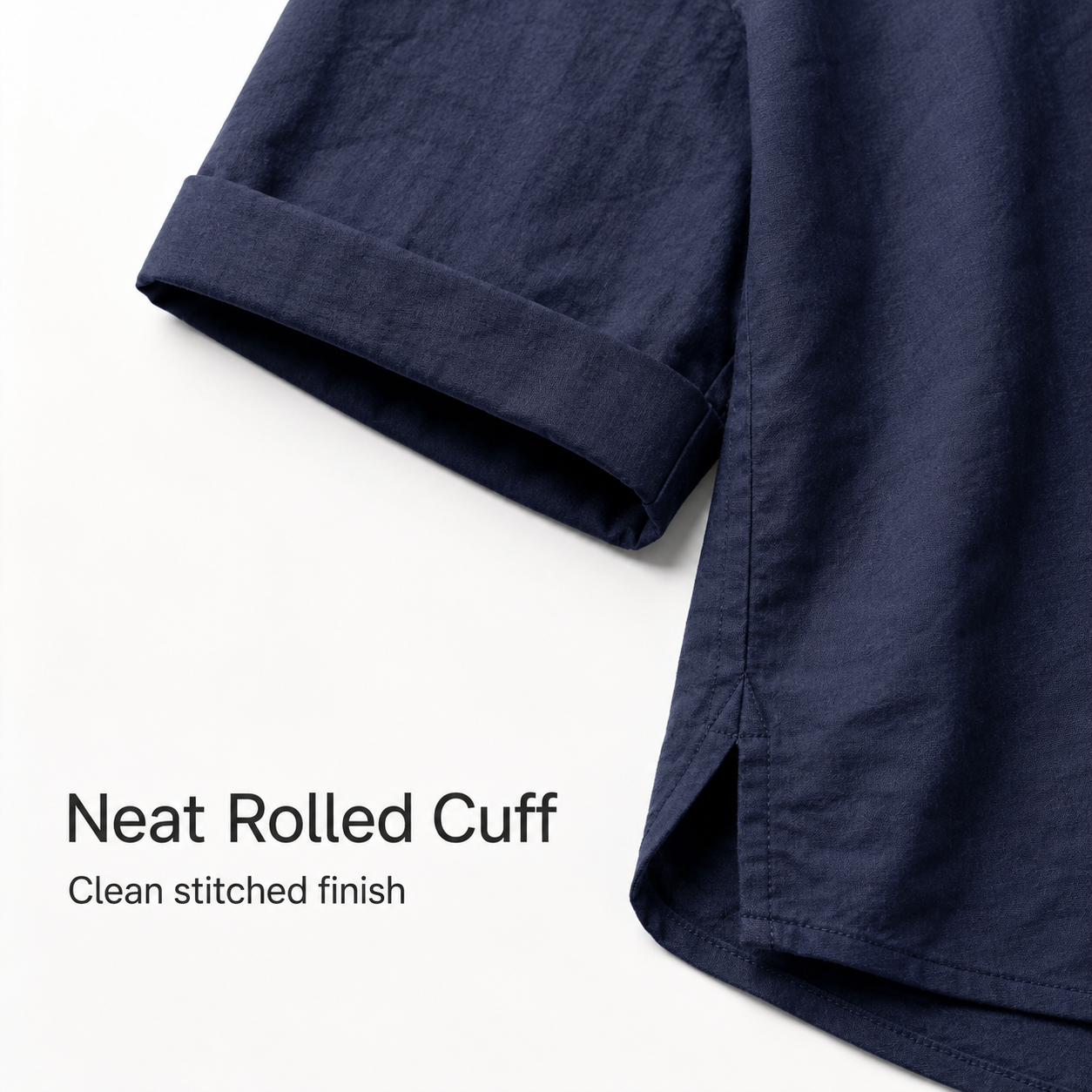 Close-up of rolled cuff and stitched side finish