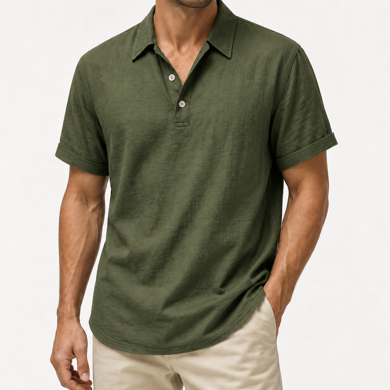Men's olive green textured polo shirt