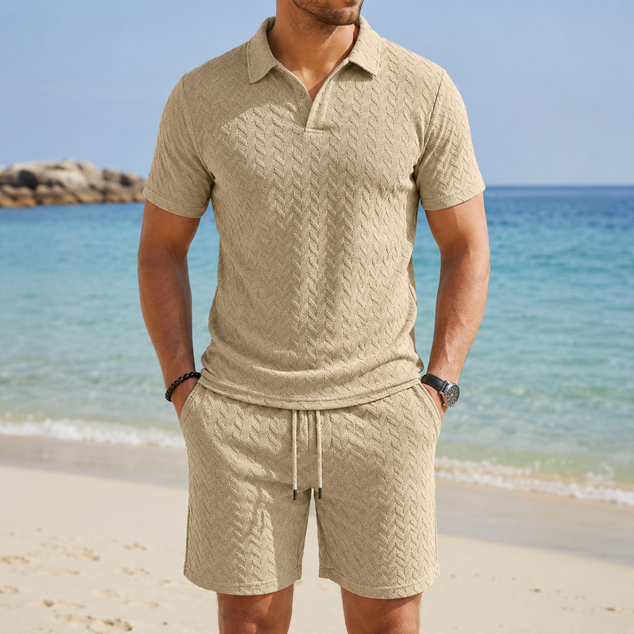 Warm Sand Beige men's textured knit polo and drawstring shorts set
