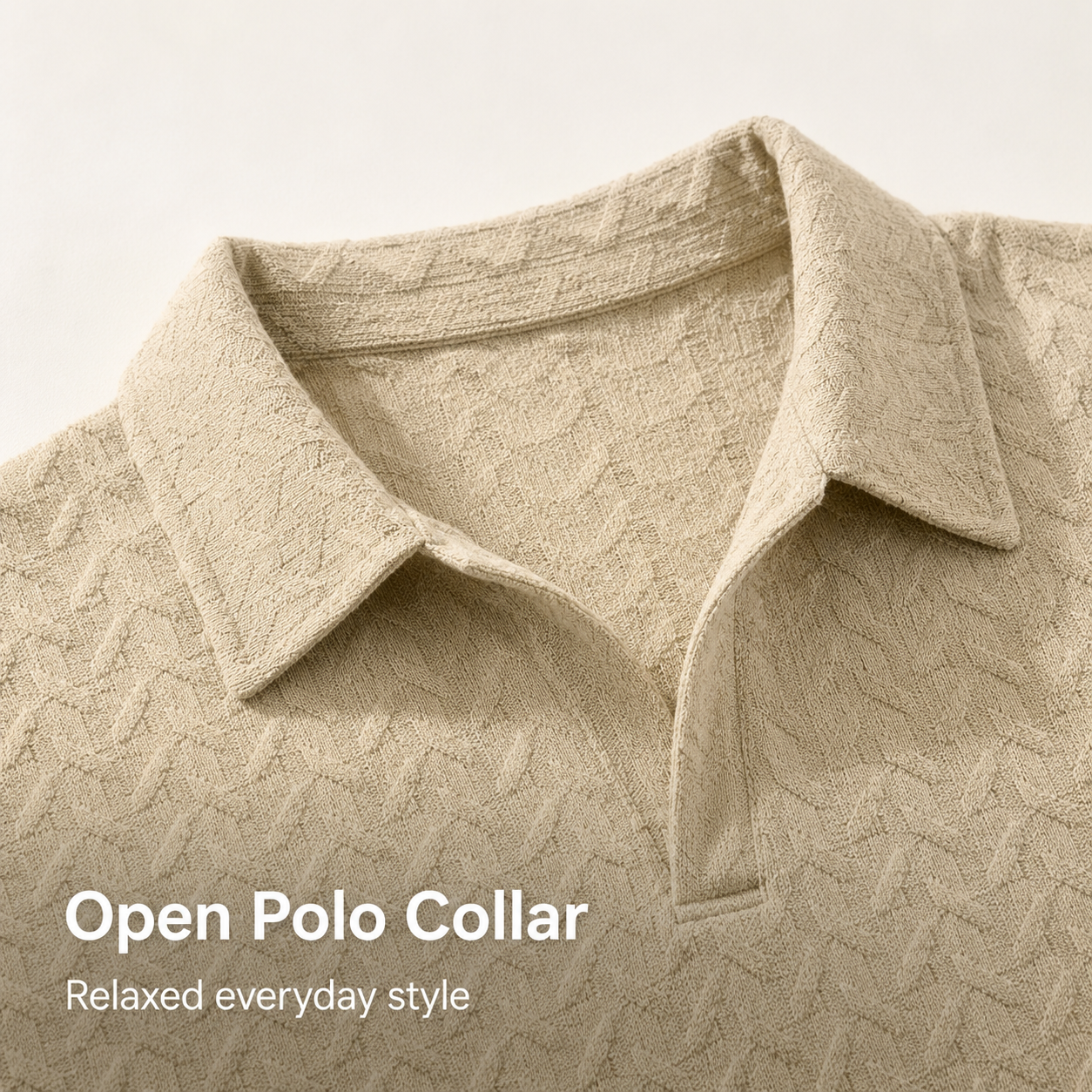 Open polo collar detail on the textured knit top