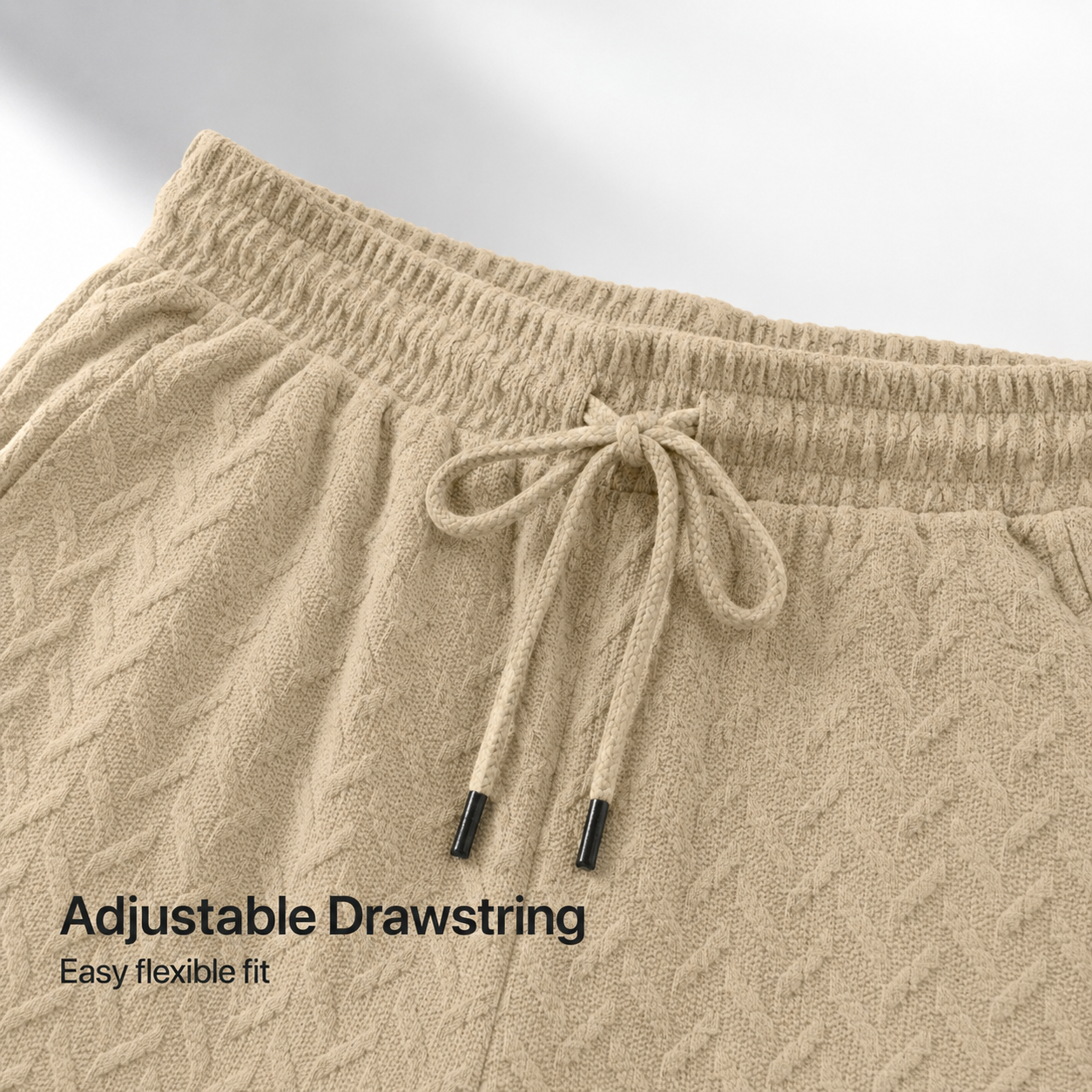 Elastic drawstring waistband detail on the matching shorts