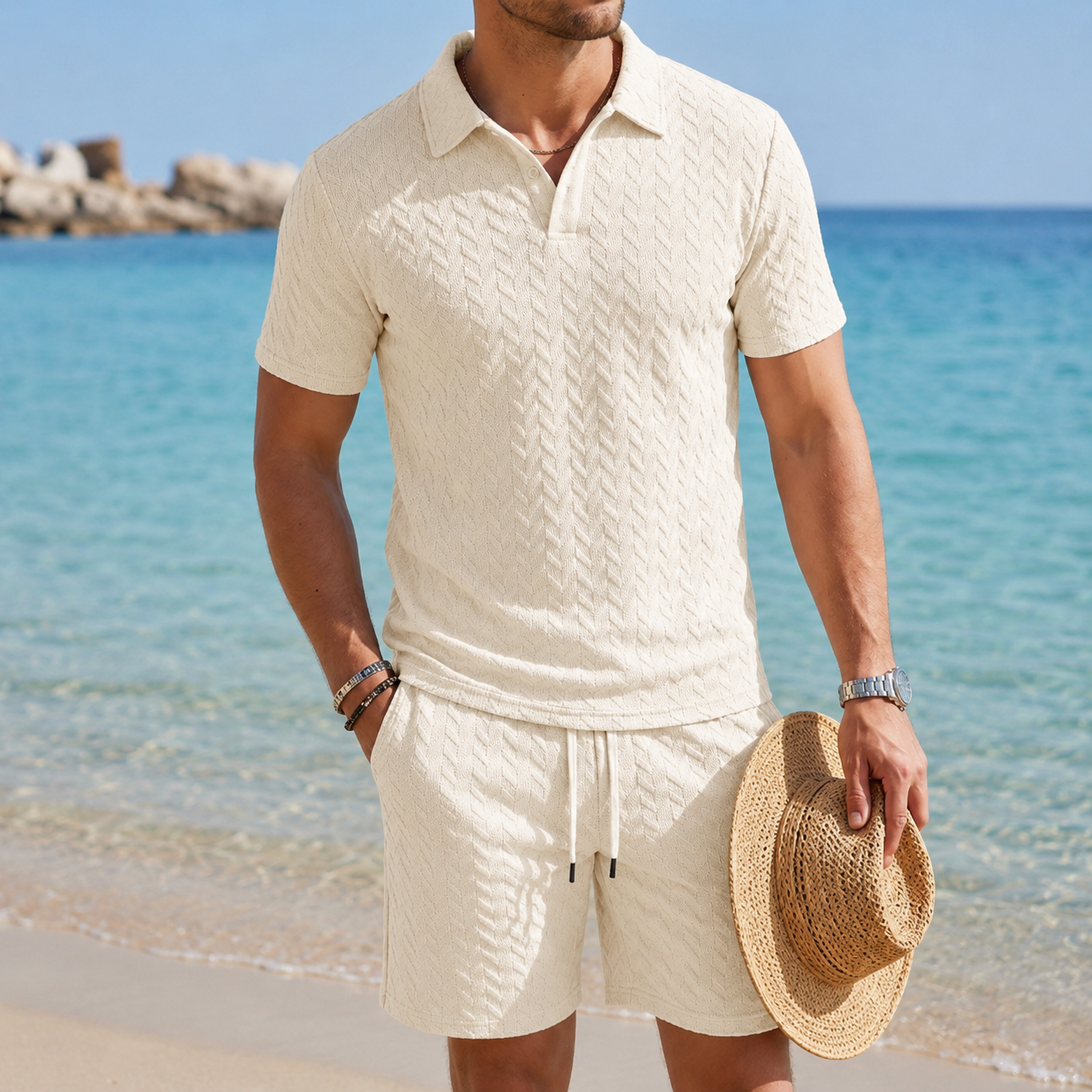Ivory Cream men's textured knit polo and drawstring shorts set