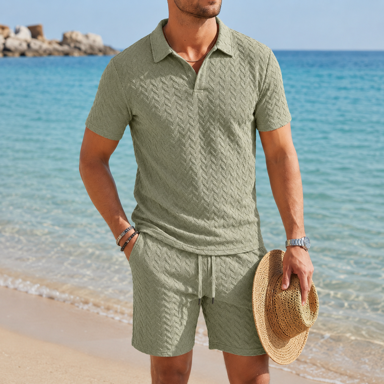 Sage Green men's textured knit polo and drawstring shorts set
