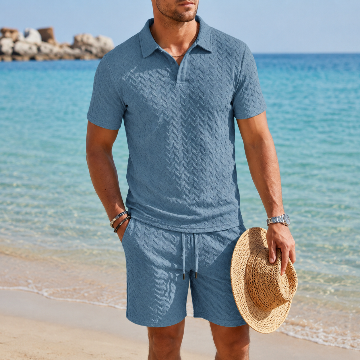 Dusty Blue men's textured knit polo and drawstring shorts set