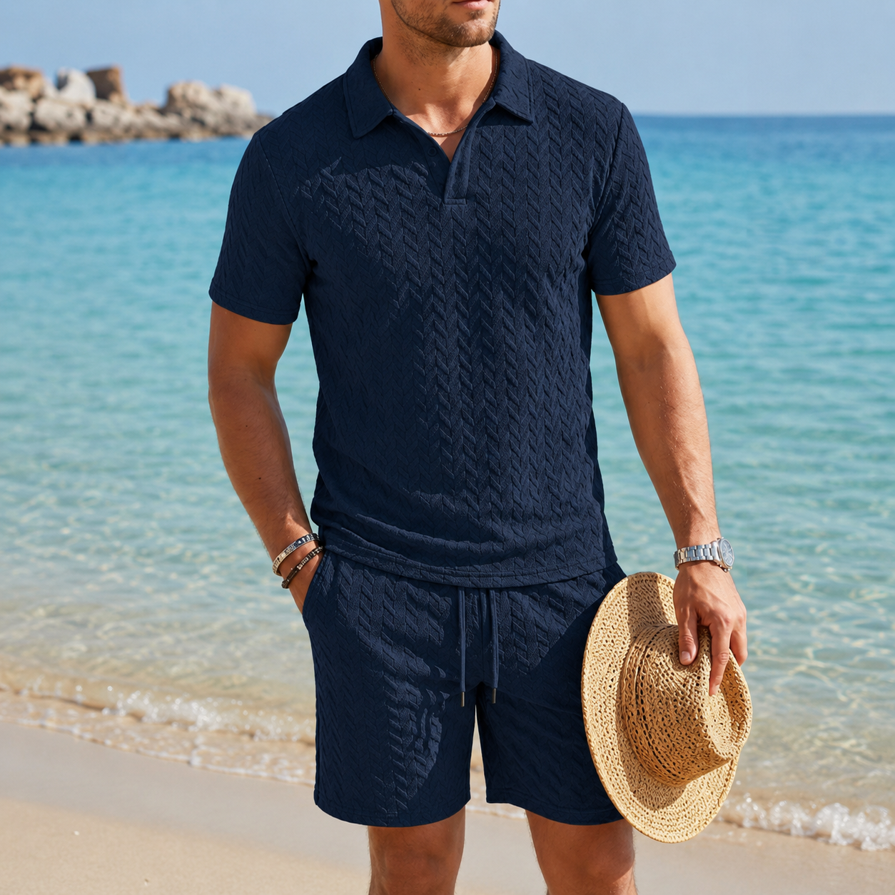 Deep Navy men's textured knit polo and drawstring shorts set