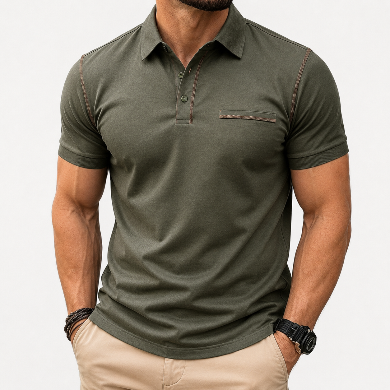 Men's polo shirt in olive green front view