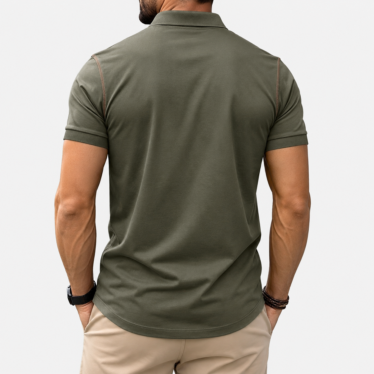 Men's polo shirt olive green back view