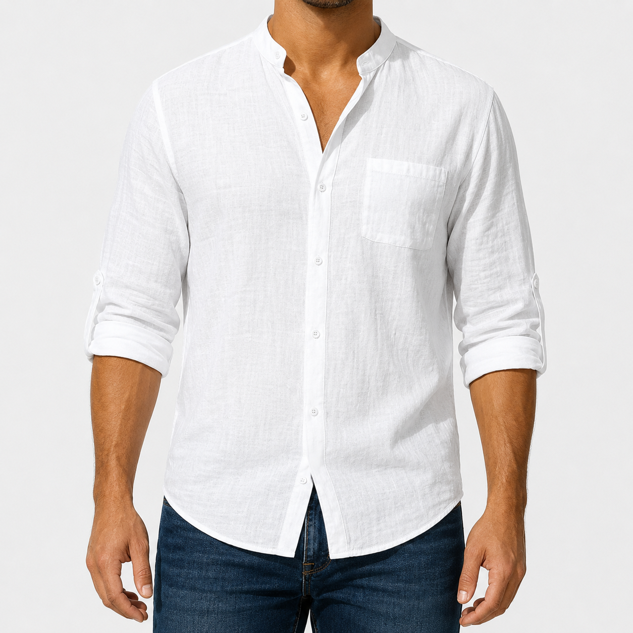 Men's lightweight woven mandarin collar shirt in white