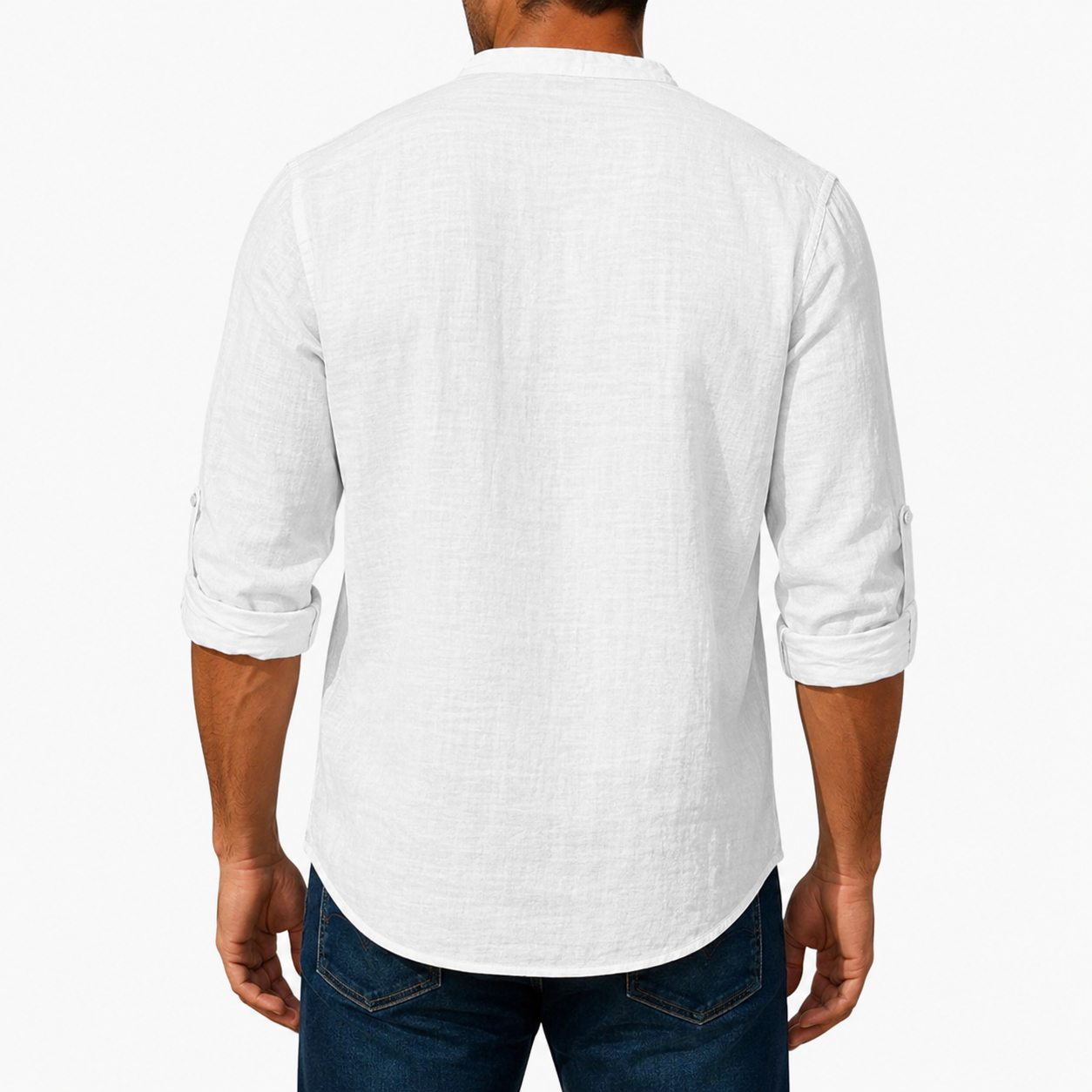 Men's lightweight woven mandarin collar shirt back view
