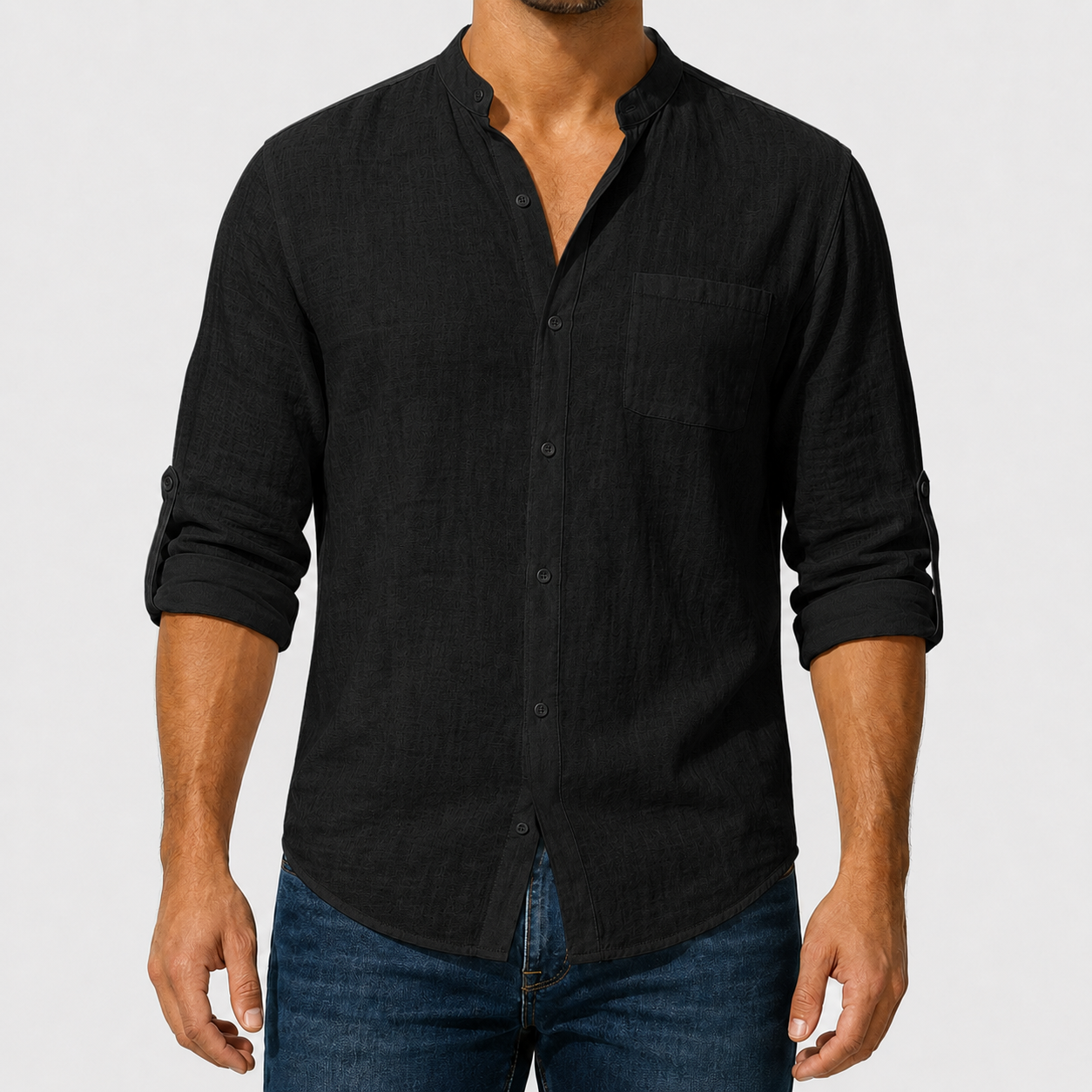 Men's lightweight woven mandarin collar shirt in black