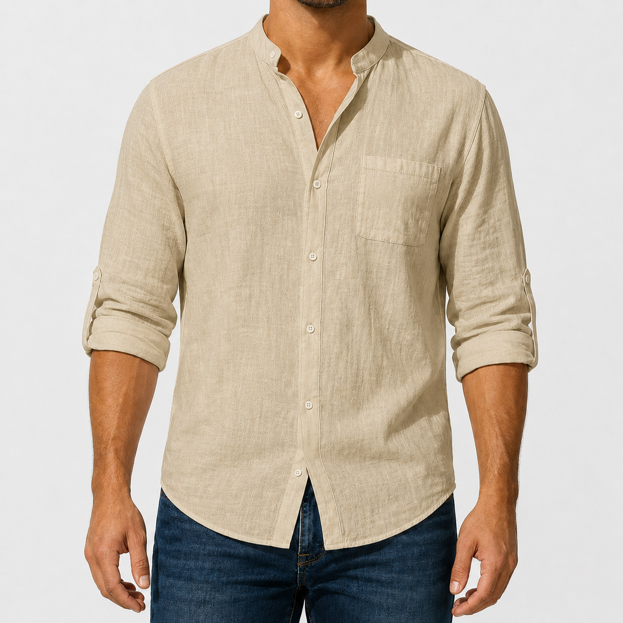 Men's lightweight woven mandarin collar shirt in sand beige