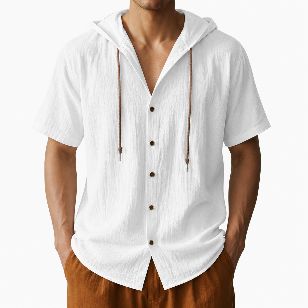 White men's textured hooded short sleeve shirt front view