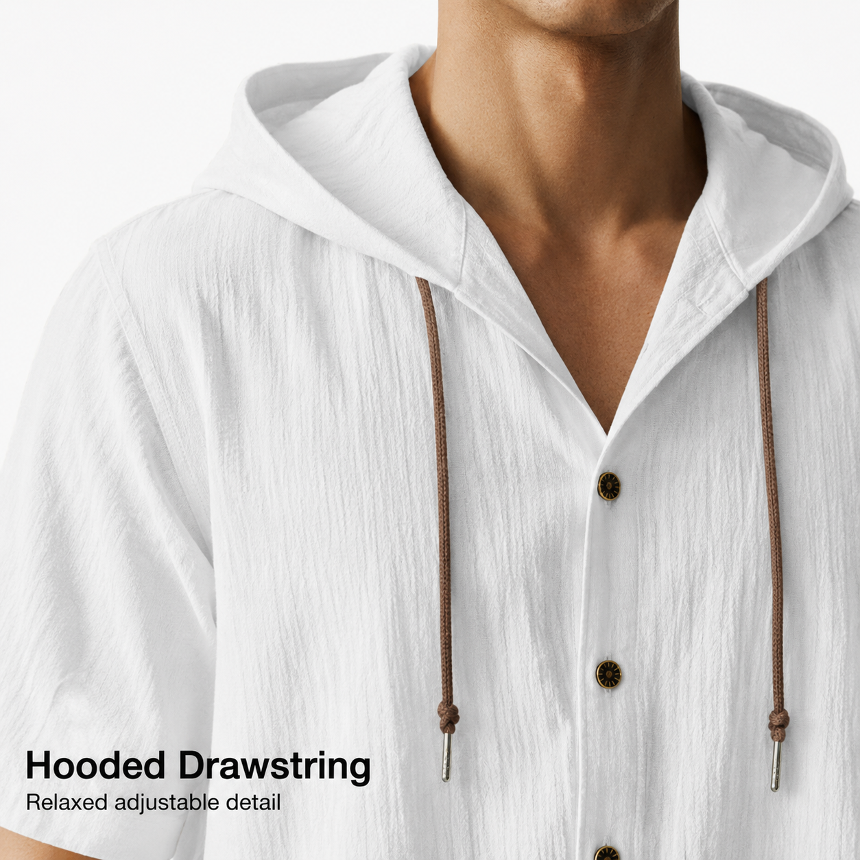 Hooded drawstring and button placket detail