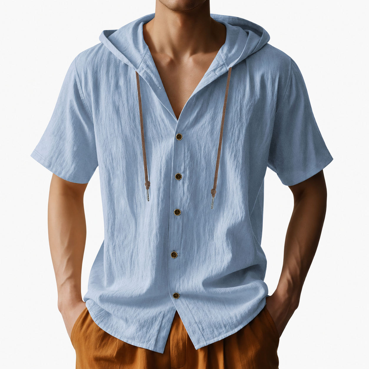 Sky Blue men's textured hooded short sleeve shirt