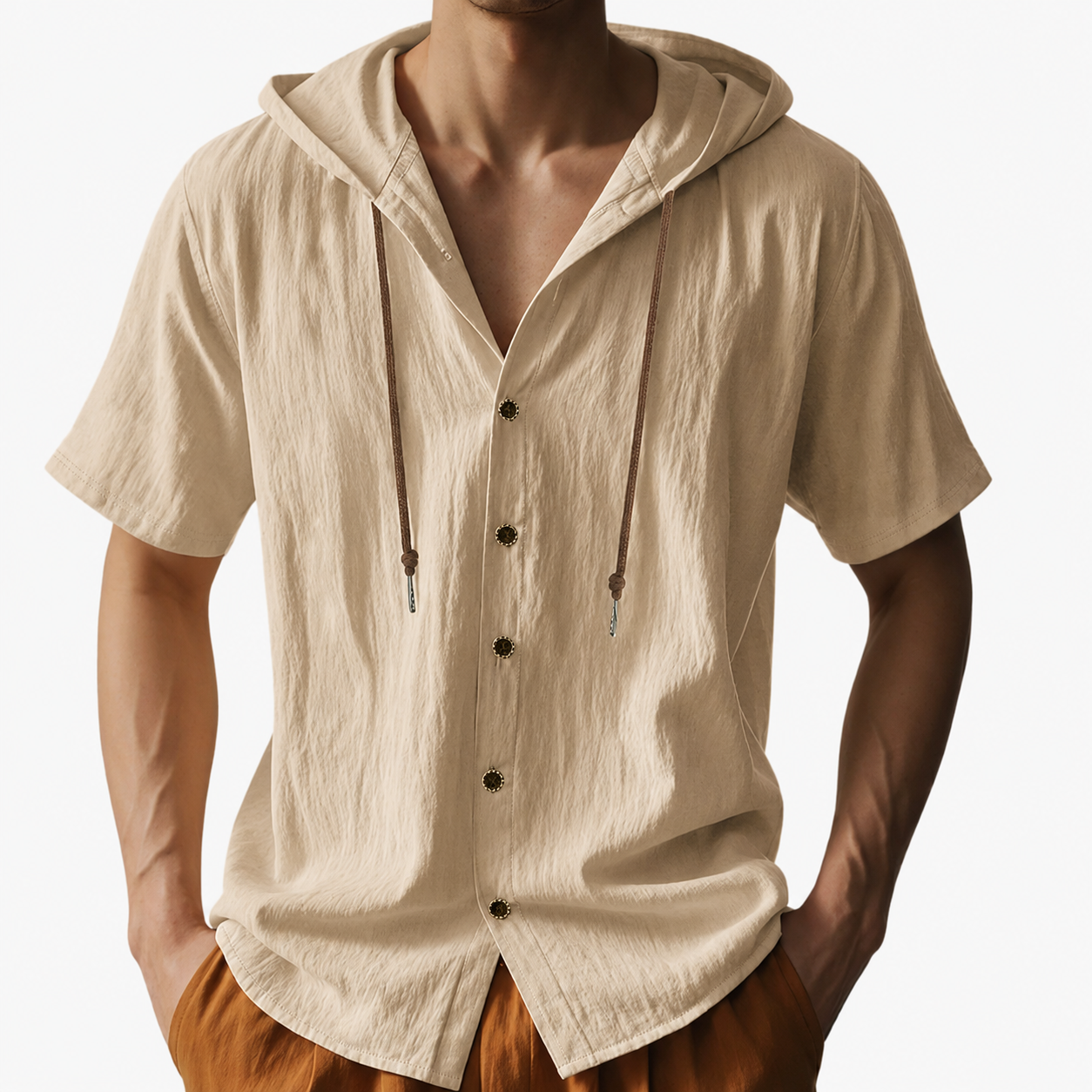 Sand Beige men's textured hooded short sleeve shirt
