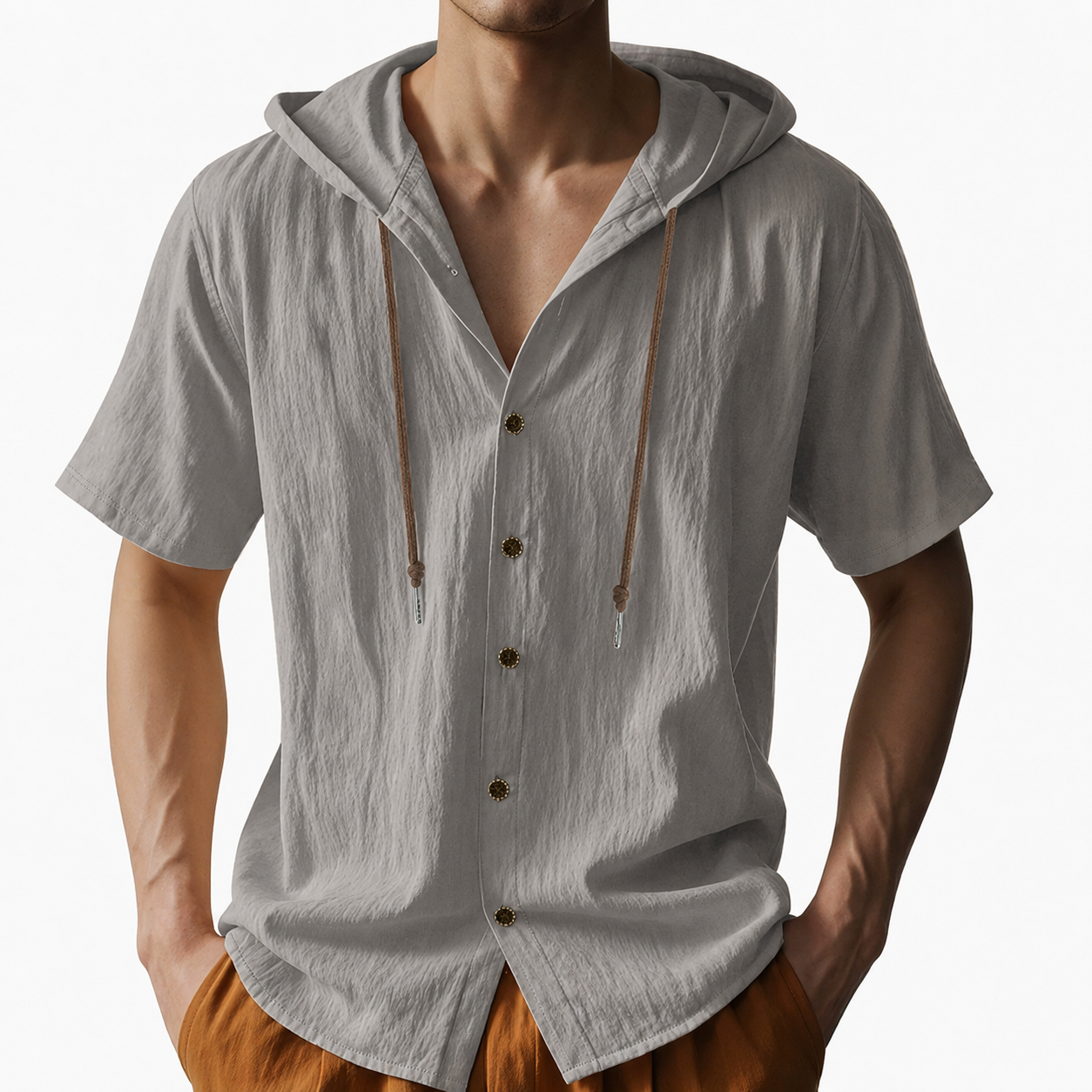 Stone Gray men's textured hooded short sleeve shirt