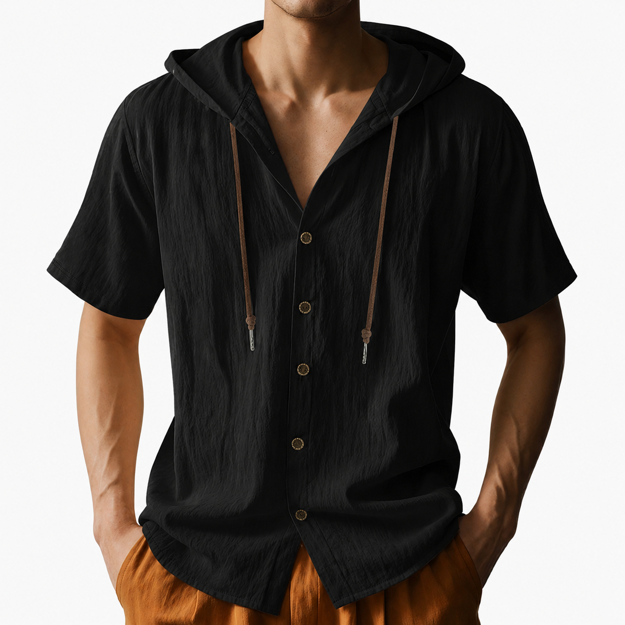 Black men's textured hooded short sleeve shirt