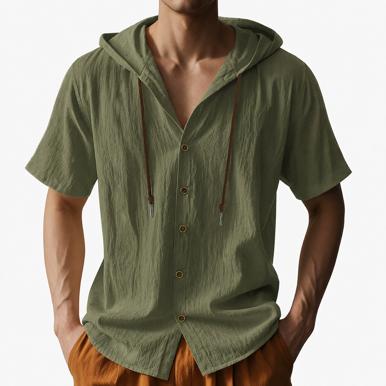 Olive Green men's textured hooded short sleeve shirt