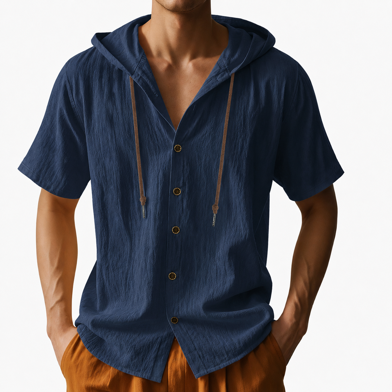 Navy Blue men's textured hooded short sleeve shirt