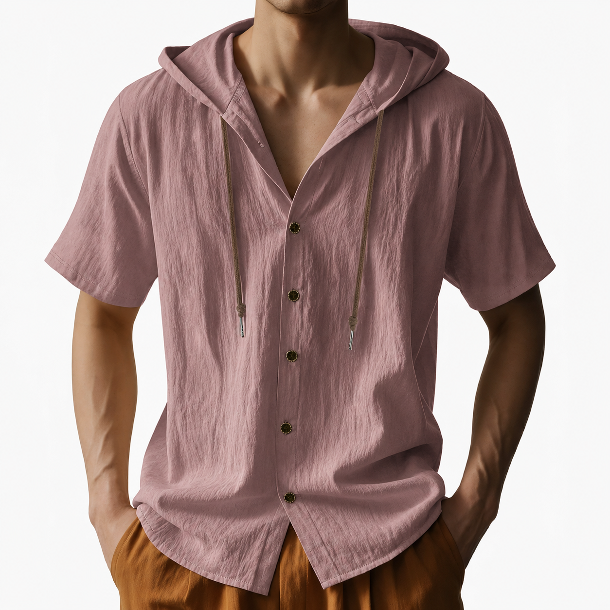 Dusty Mauve men's textured hooded short sleeve shirt