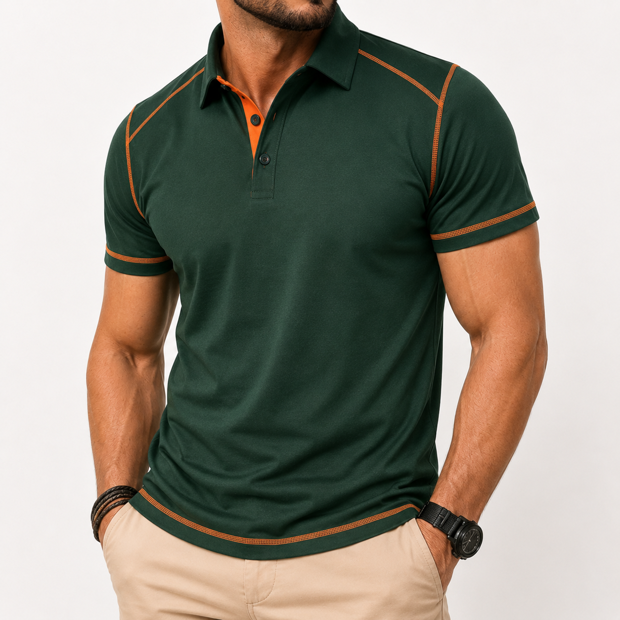 Forest green men's contrast trim polo shirt front view