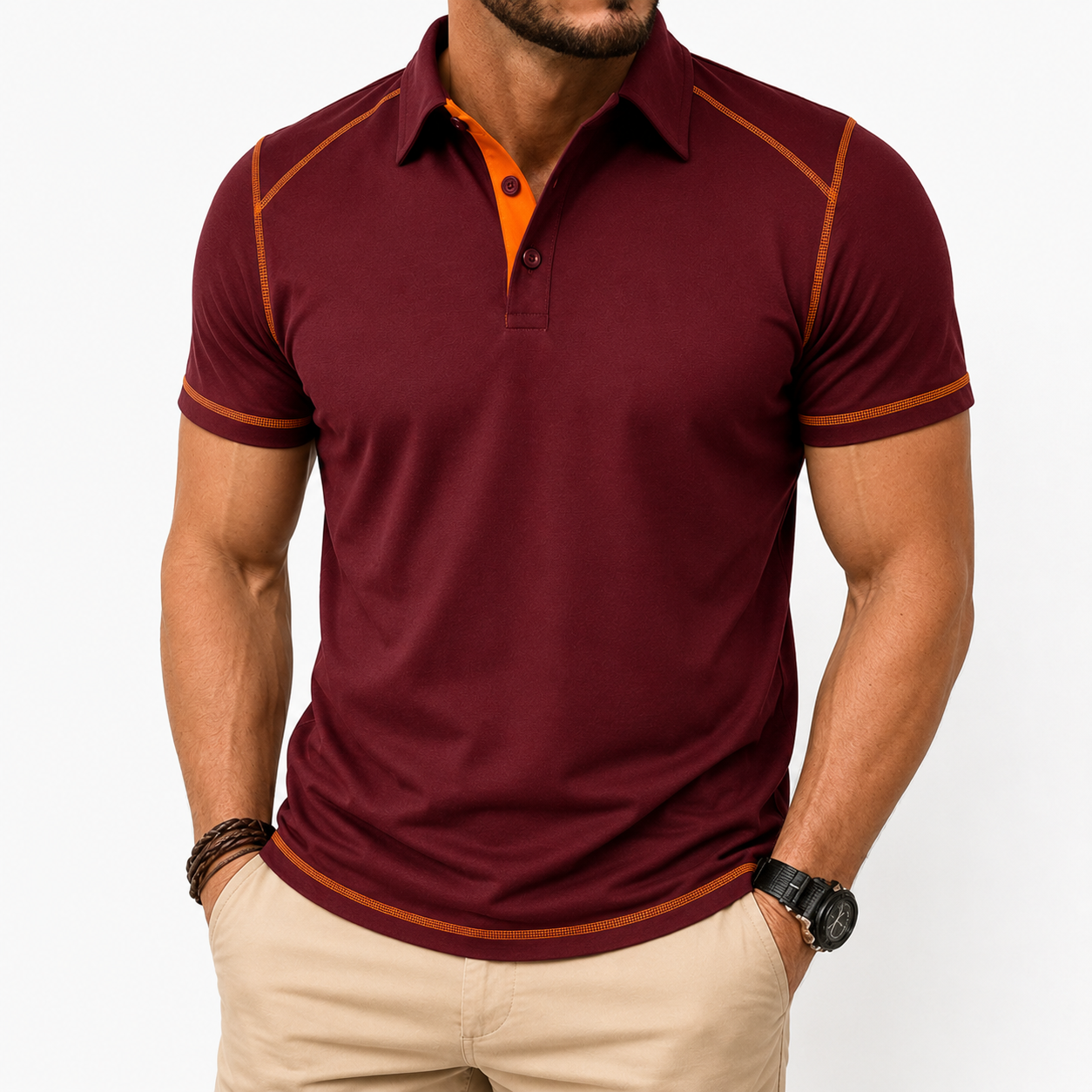 Burgundy men's contrast trim polo shirt front view