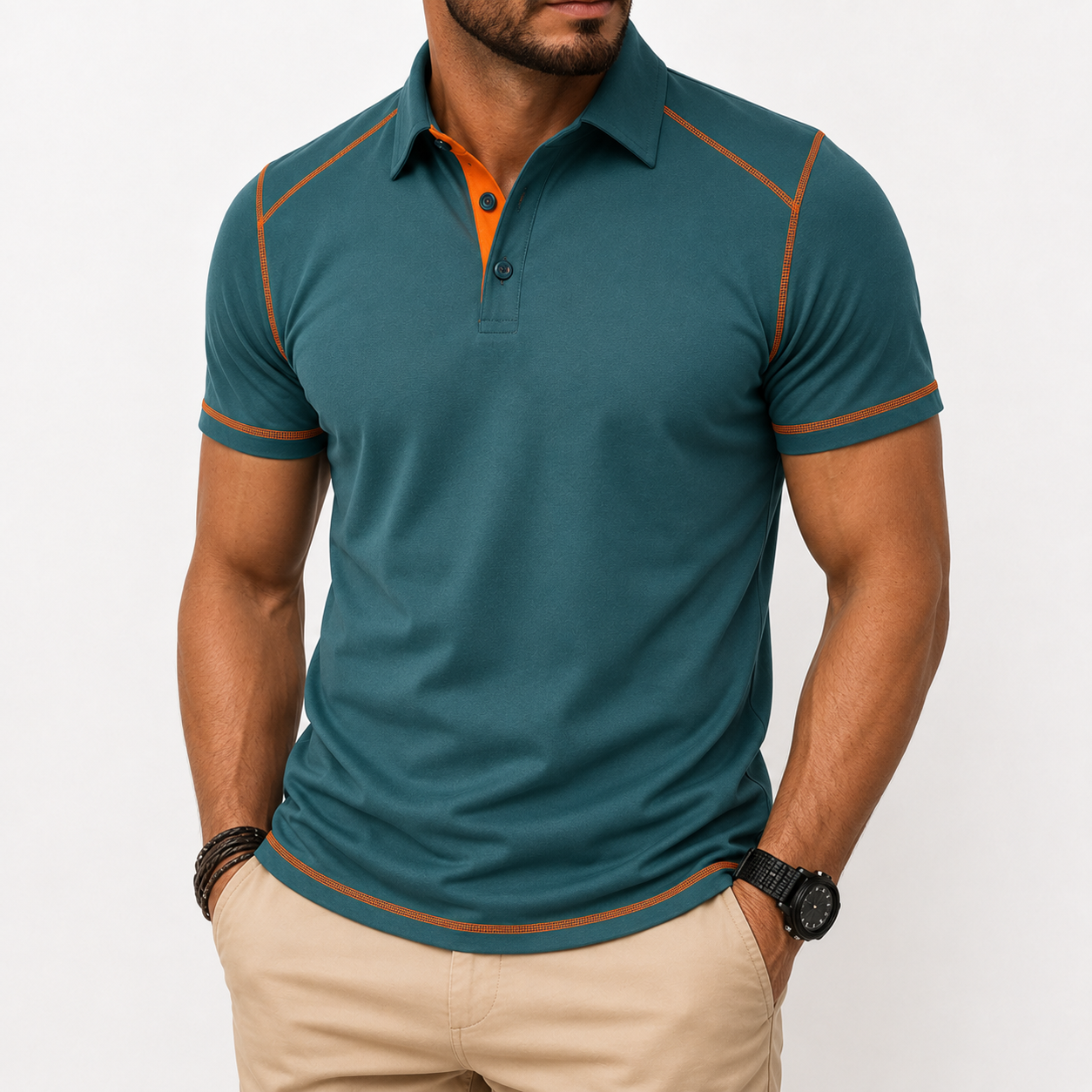 Dusty teal men's contrast trim polo shirt front view
