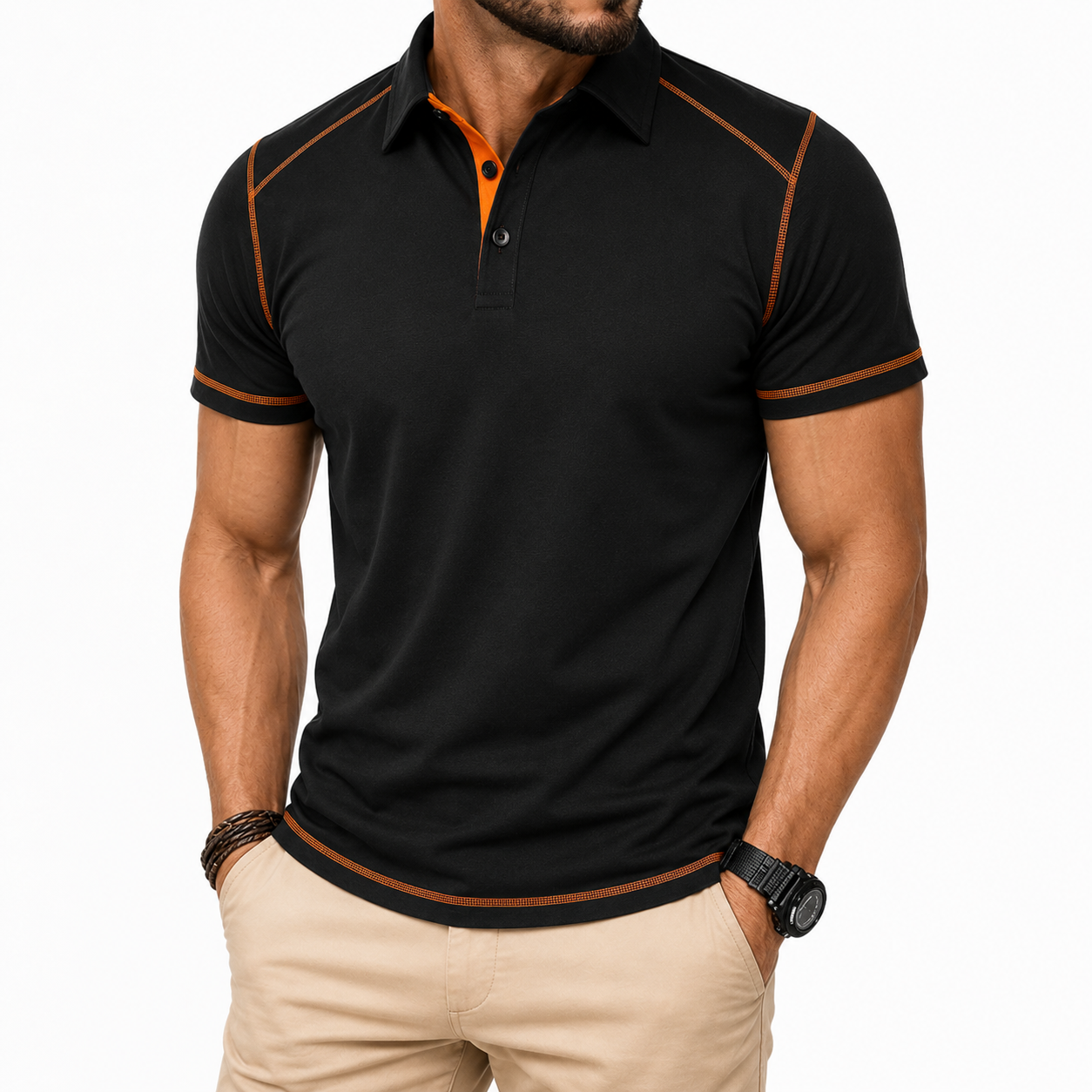 Black men's contrast trim polo shirt front view