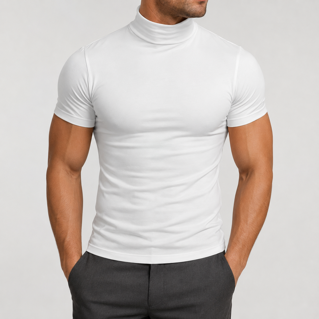 White men's fitted mock neck T-shirt front view
