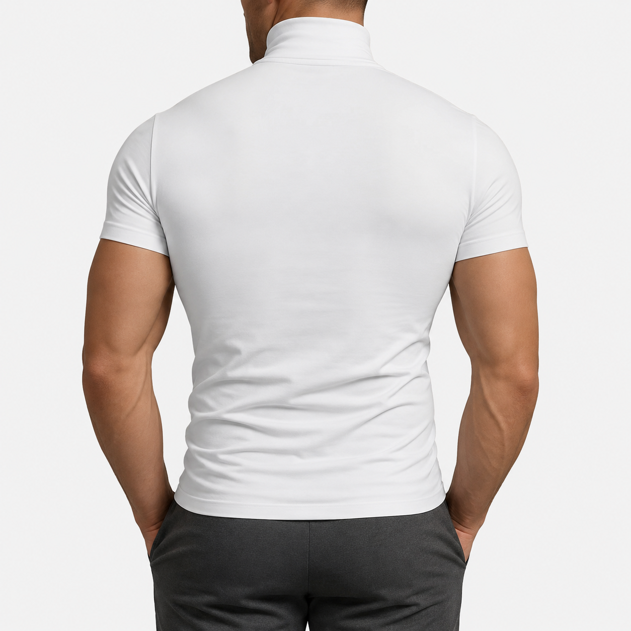 White men's fitted mock neck T-shirt back view