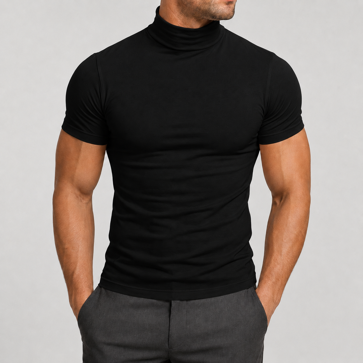 Black men's fitted mock neck T-shirt