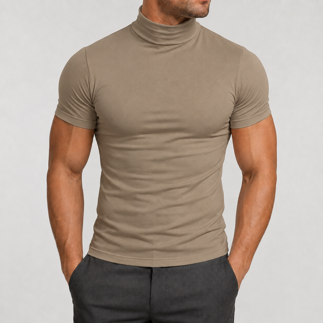 Khaki Taupe men's fitted mock neck T-shirt