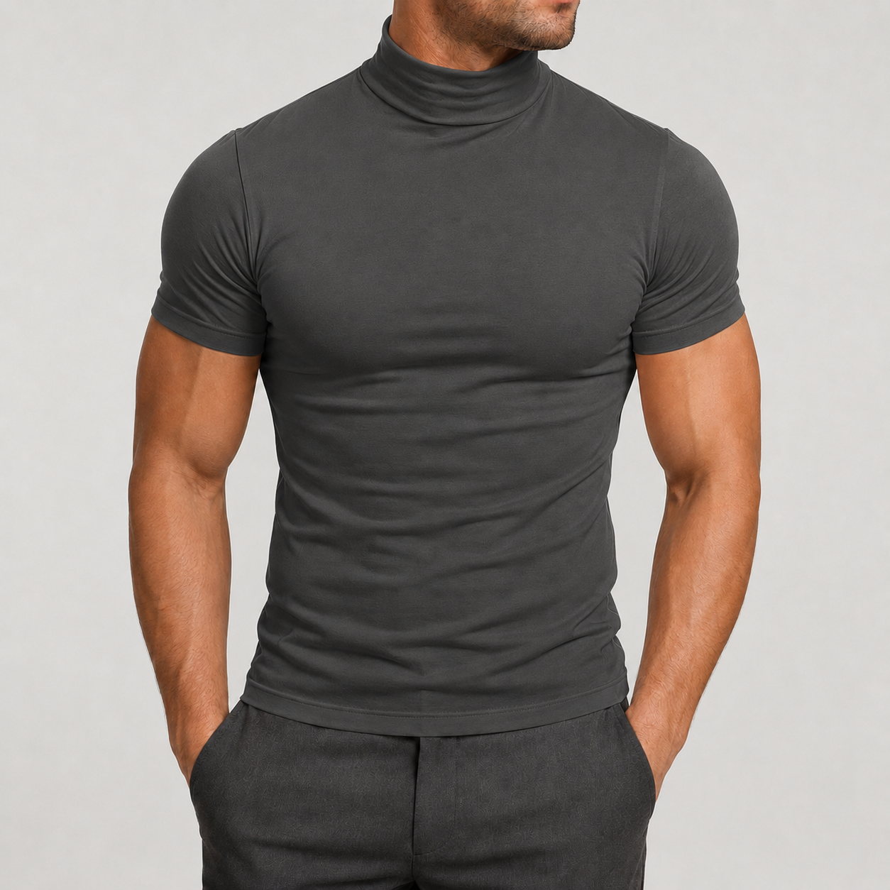 Charcoal Gray men's fitted mock neck T-shirt