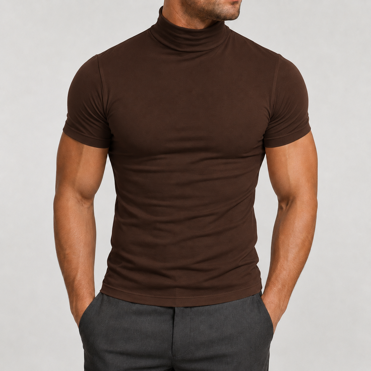 Coffee Brown men's fitted mock neck T-shirt