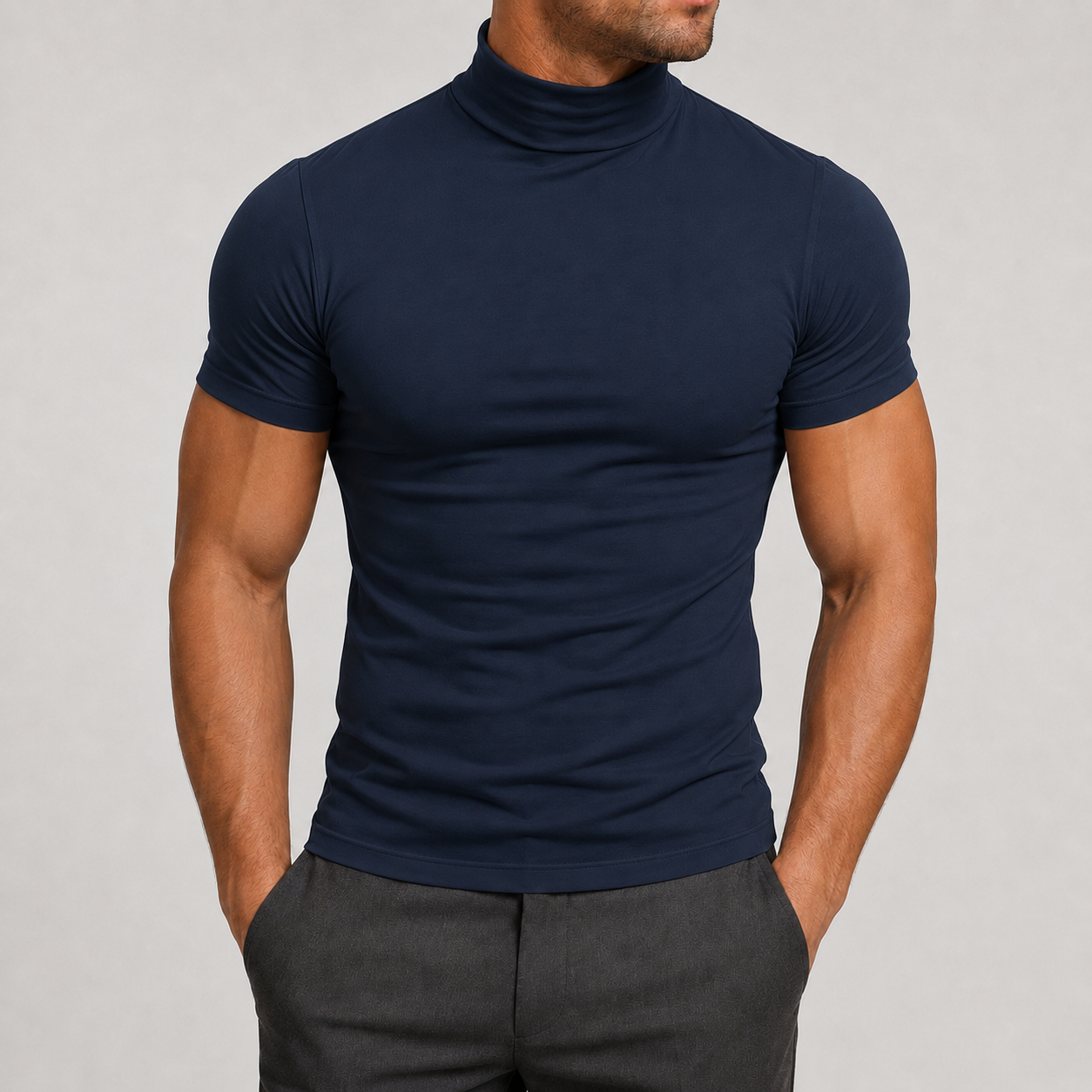 Navy Blue men's fitted mock neck T-shirt