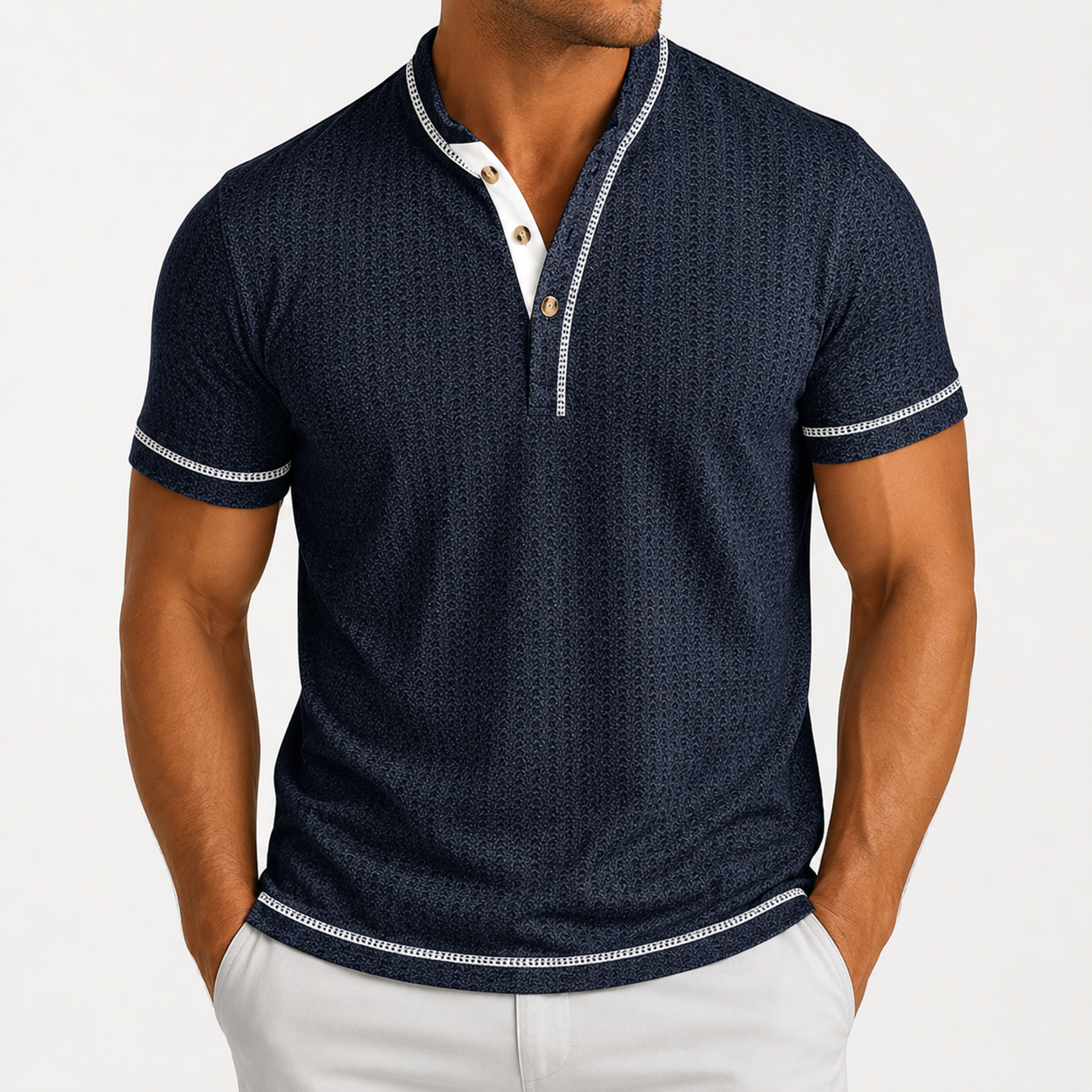 Men's textured Henley polo in Navy Blue front view