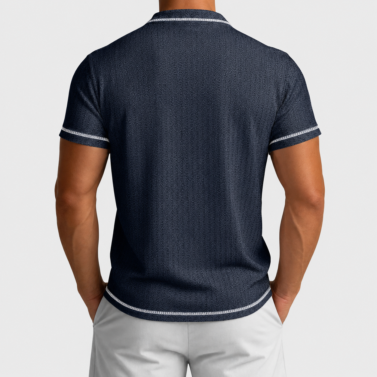 Men's textured Henley polo Navy Blue back view
