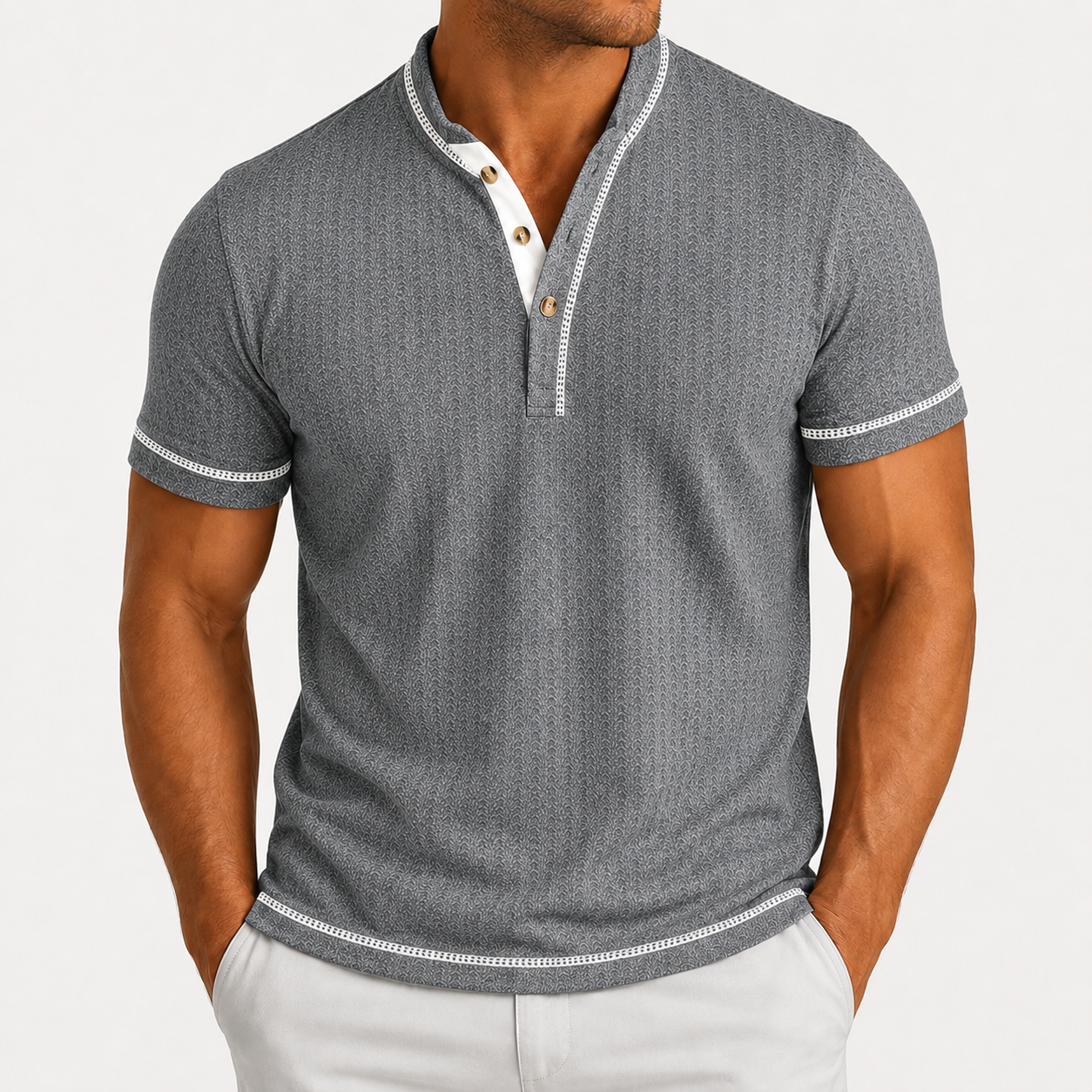 Men's textured Henley polo in Light Gray