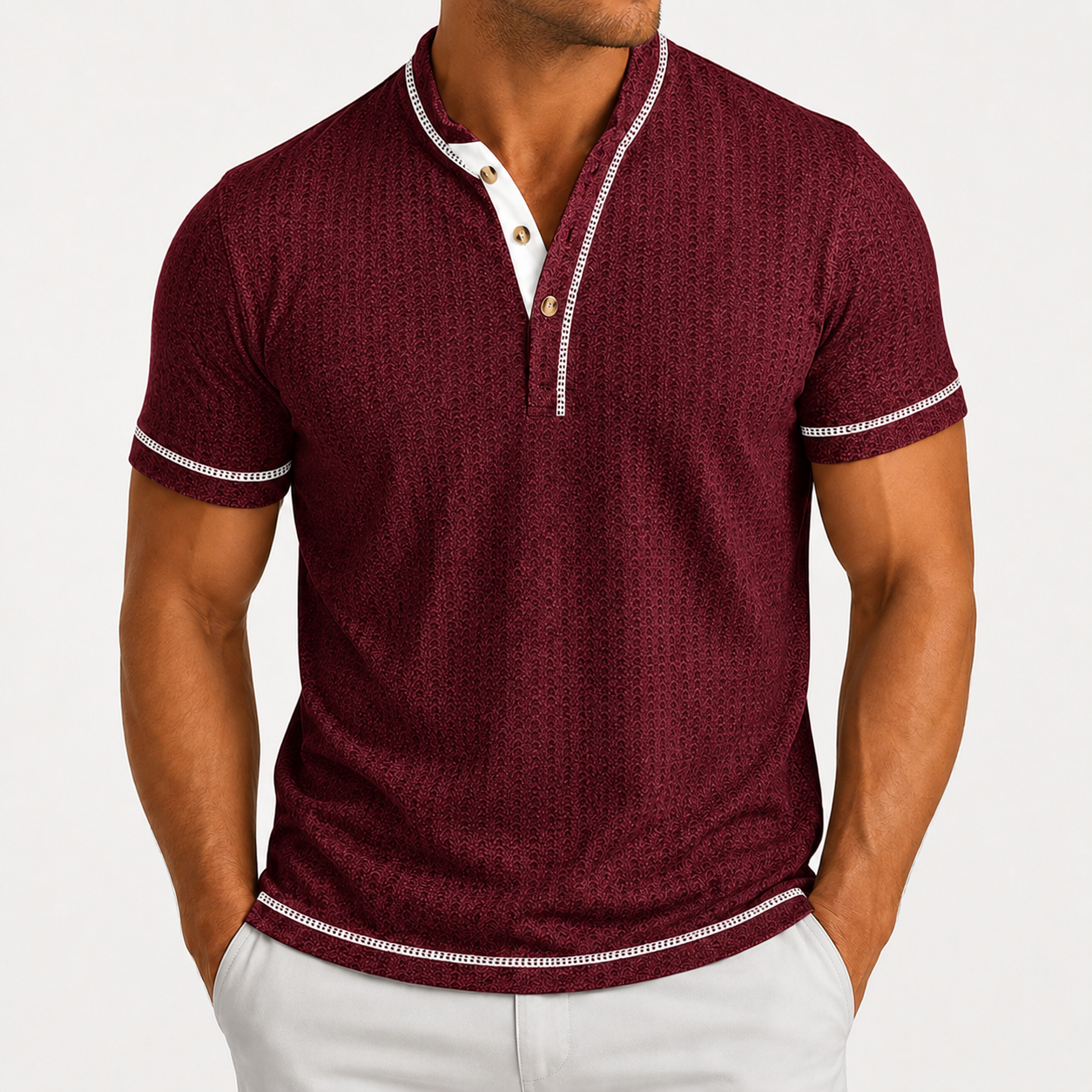 Men's textured Henley polo in Burgundy